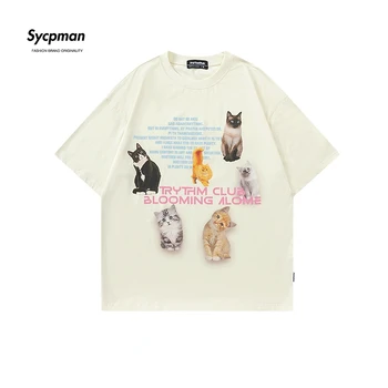 Пара футболок с принтом кота Sycpman с коротким рукавом, мужские Модные Свободные Повседневные хлопчатобумажные футболки